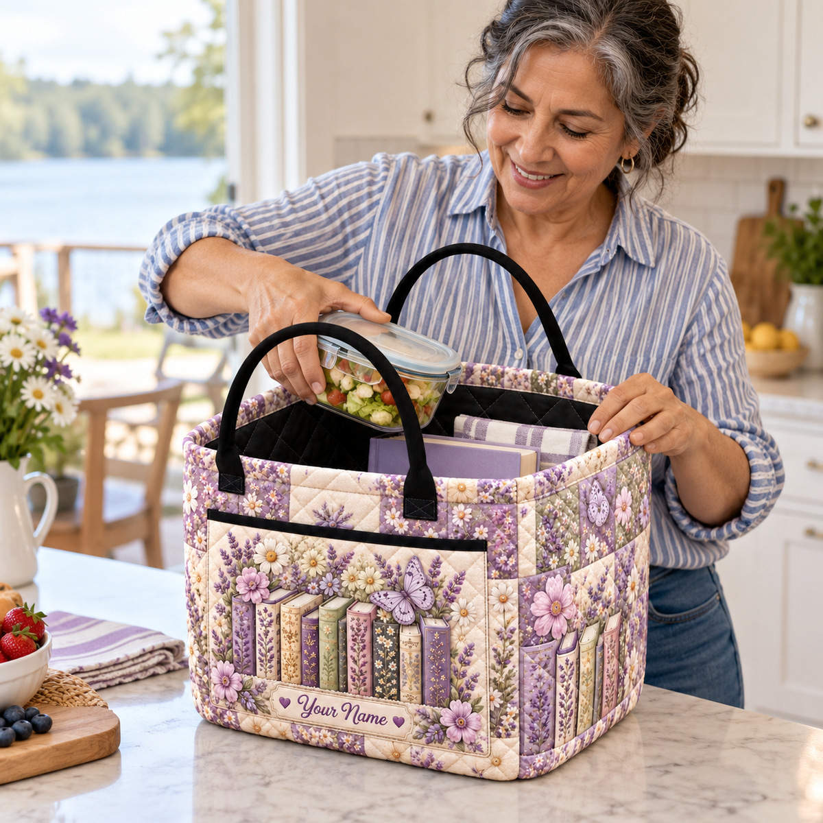 Personalized Lavender Books Butterfly Quilted Storage Basket