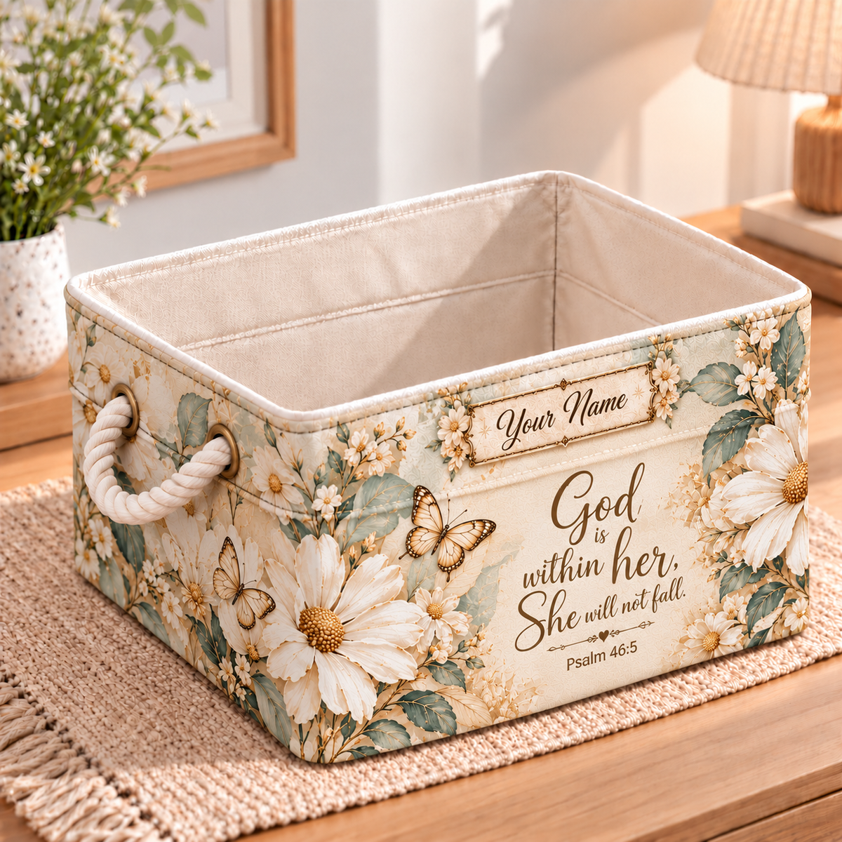 Personalized White Floral Butterfly Storage Basket