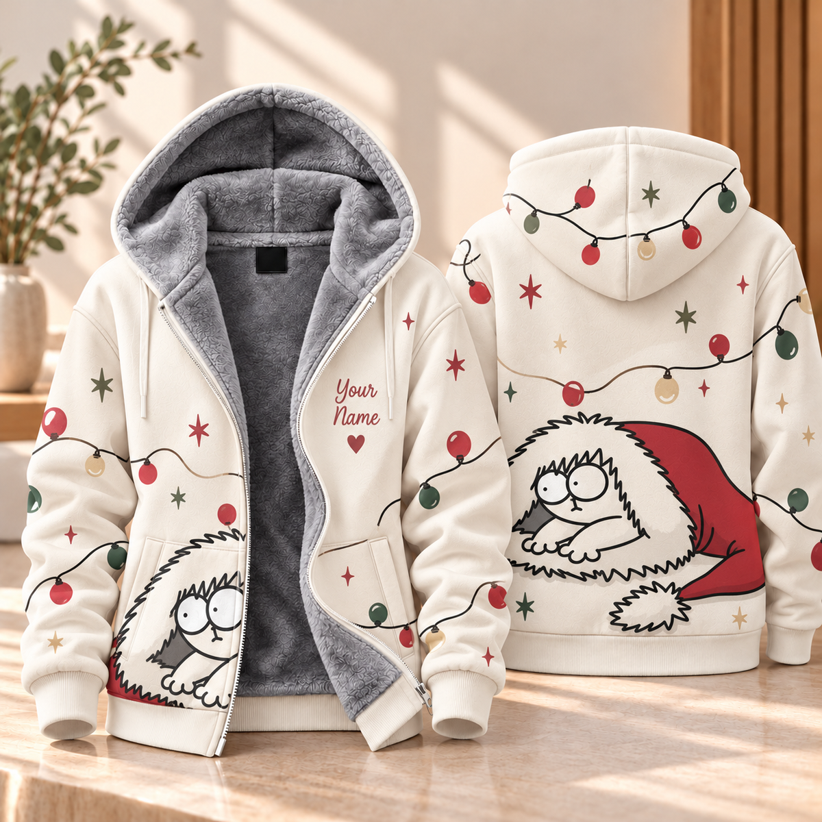 Santa Hat Fluffy Cat Personalized Fleece Jacket