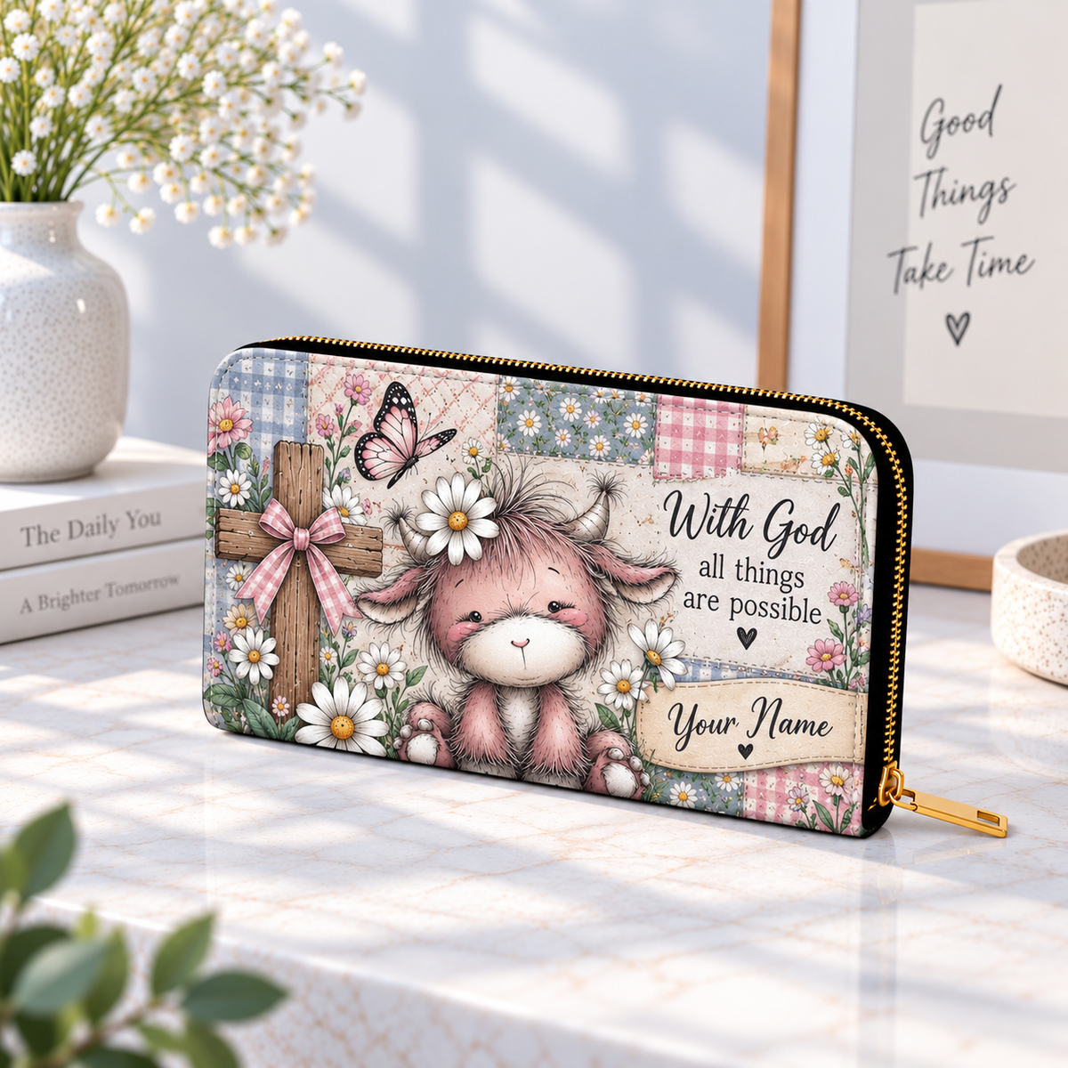 Personalized Pink Highland Cow PU Leather Long Wallet