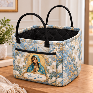 Personalized Blue & White Lily Quilted Storage Basket
