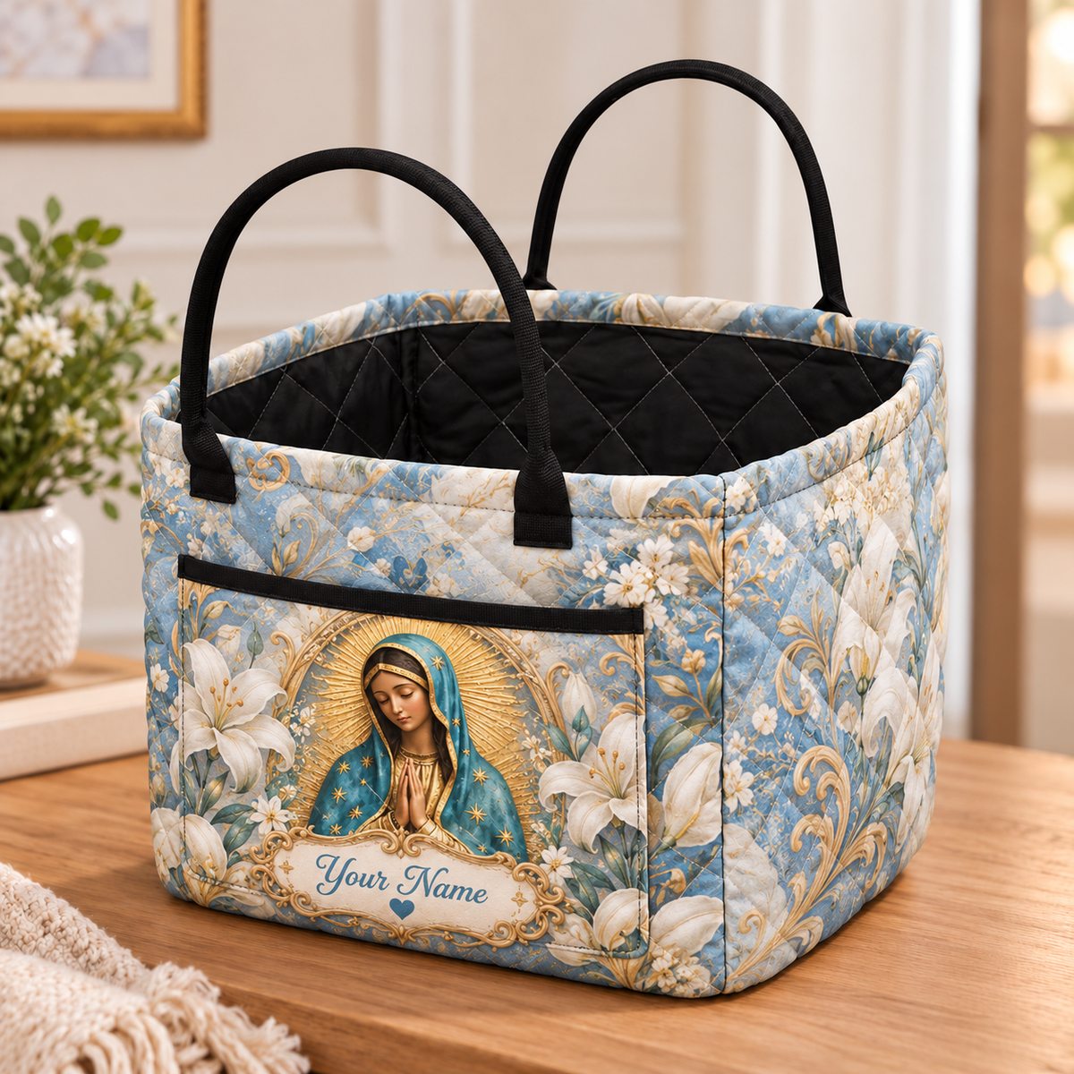 Personalized Blue & White Lily Quilted Storage Basket