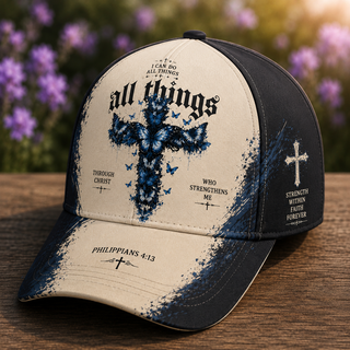 All Things Through Christ Blue Butterfly Cross Classic Cap