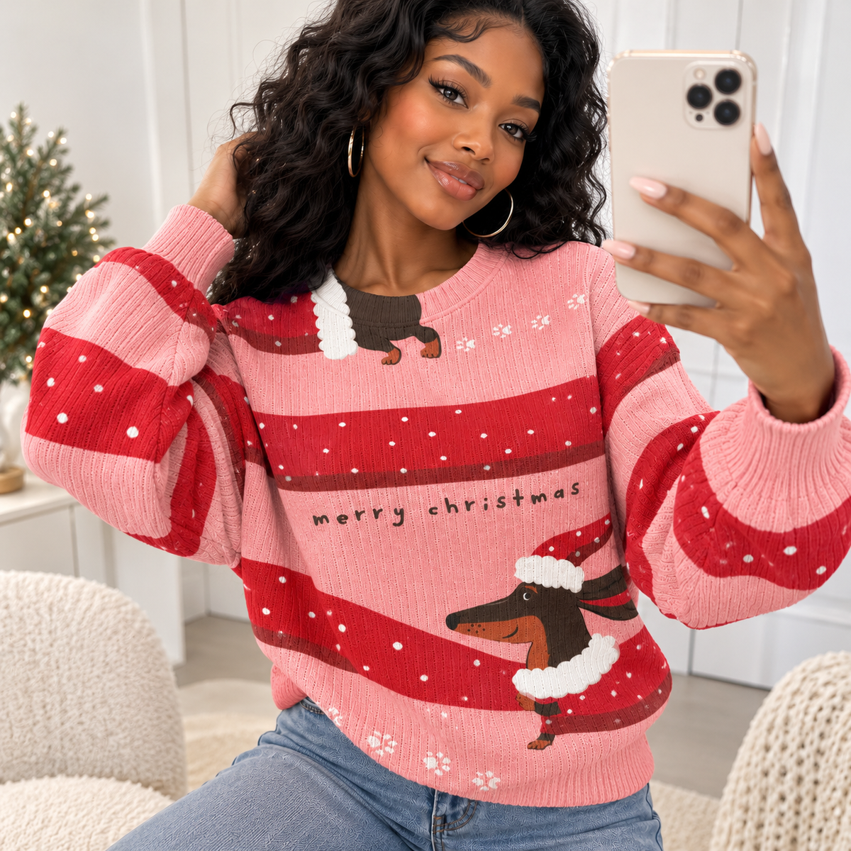 Festive Dachshund Stripes Waffle Sweatshirt