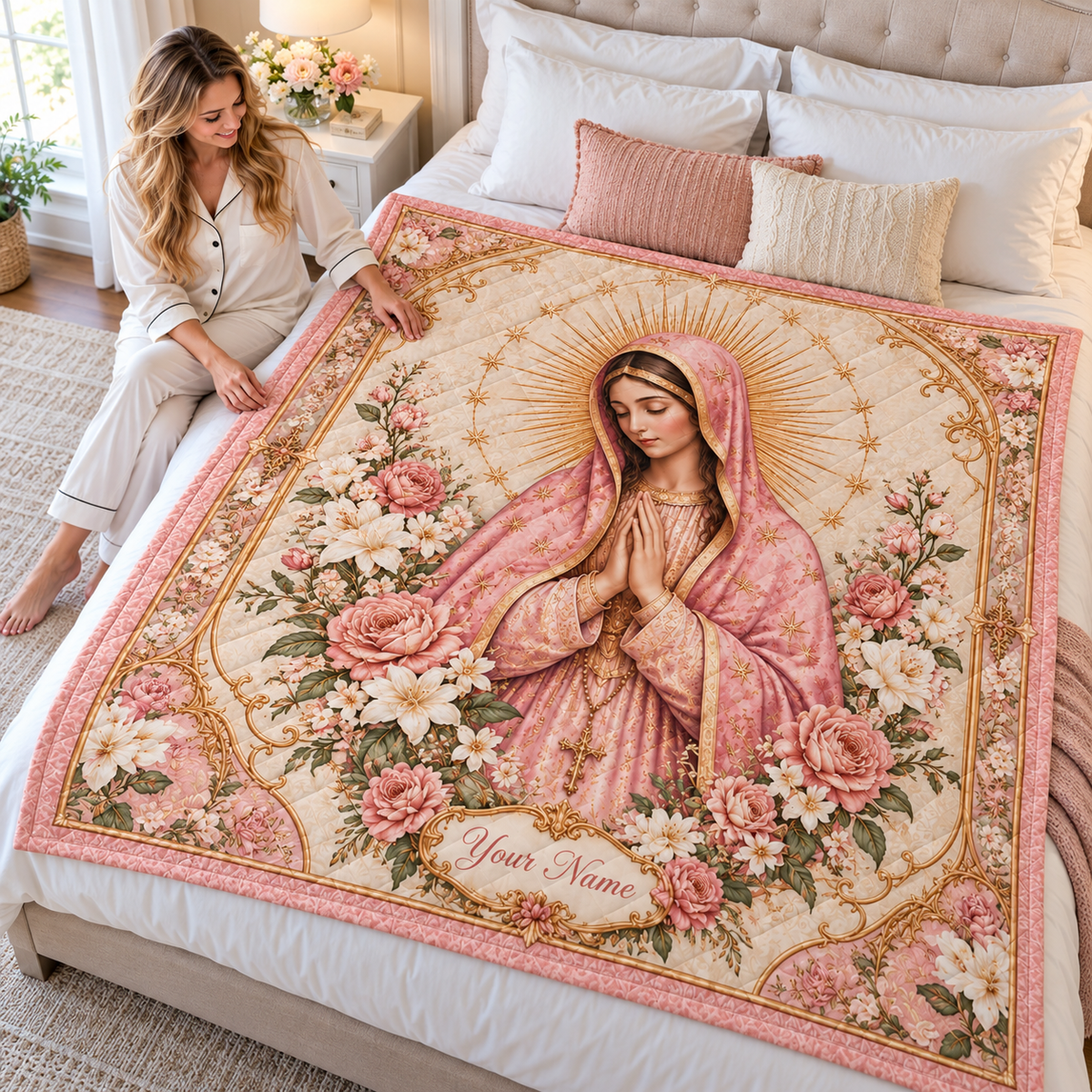 Personalized Pink Floral Lady Quilt
