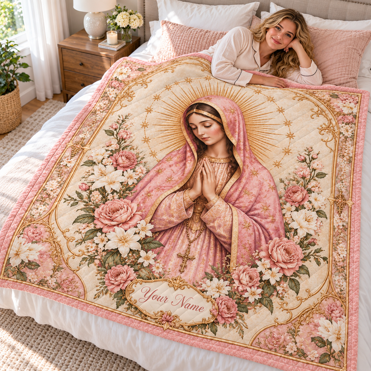 Personalized Pink Floral Lady Quilt