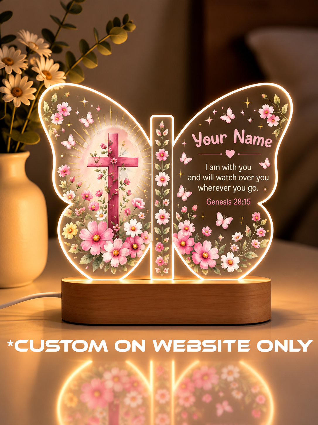 Genesis 28:15 Floral Cross Butterfly Personalize LED Night Light