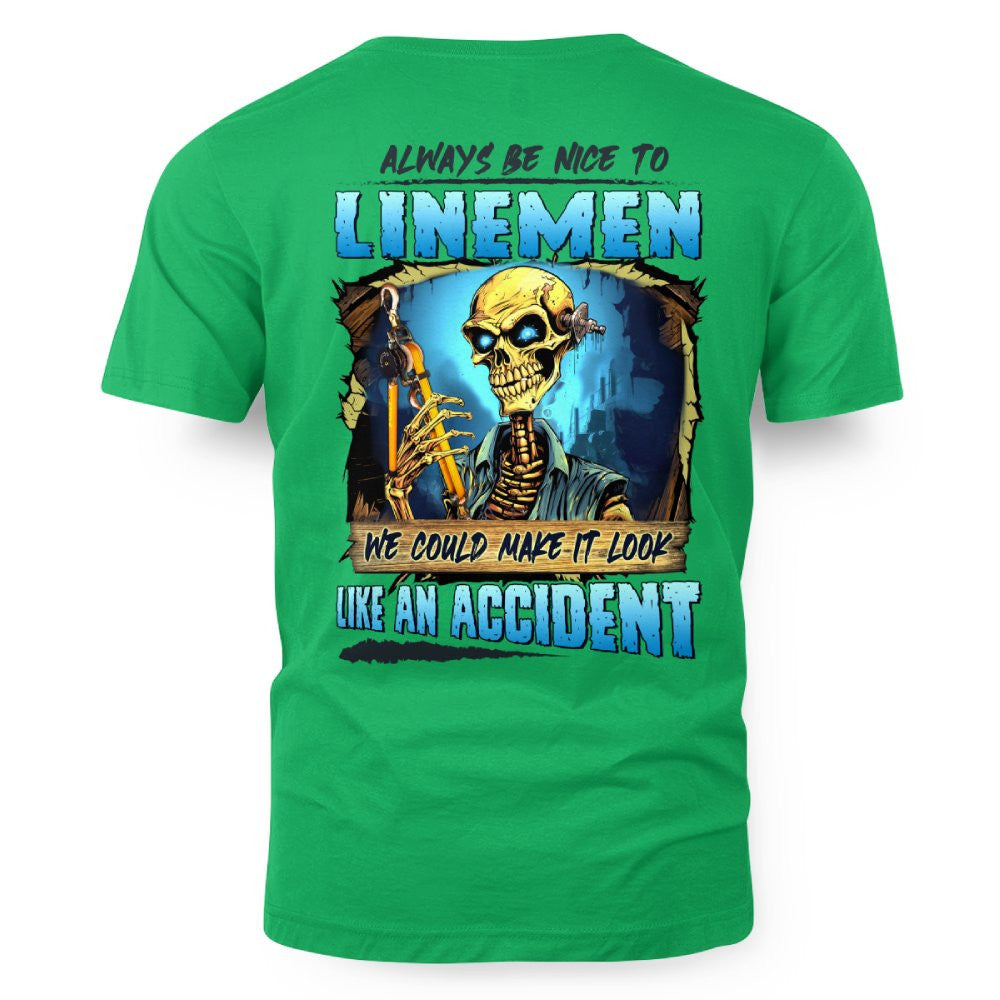 Always Be Nice Linemen Apparel - Funny Skull T-Shirt, Hoodie & More - grunx260804-0100