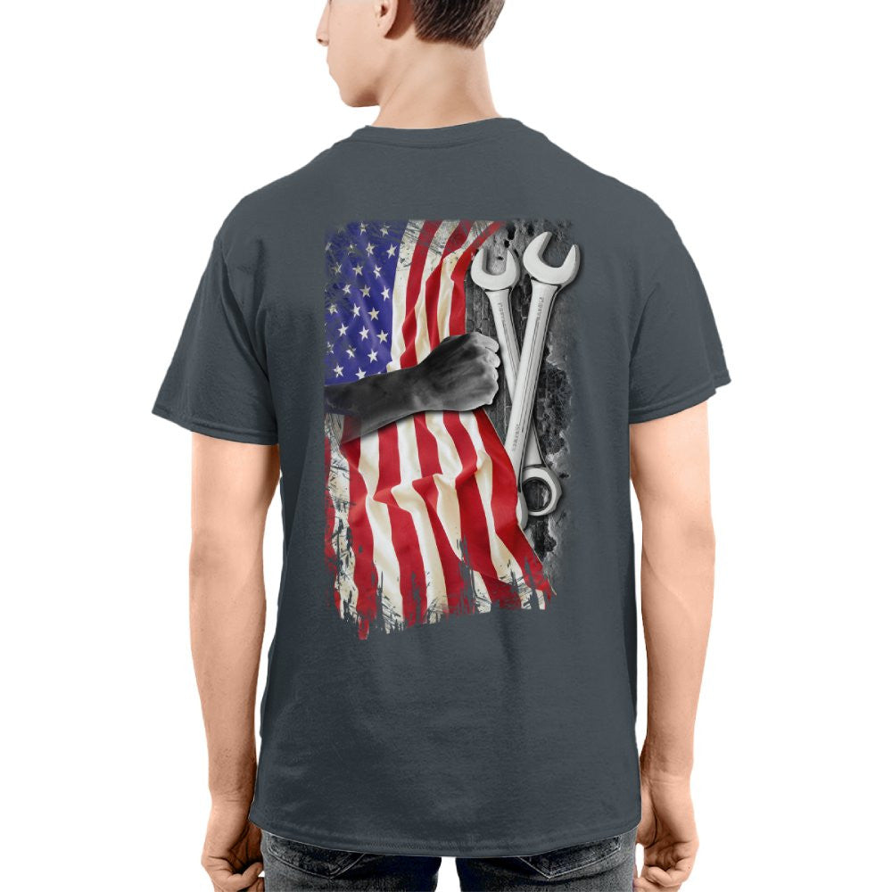 American Flag Fist Wrench - Patriotic Mechanic Apparel T-Shirt, Hoodie & More - grunx260804-0146