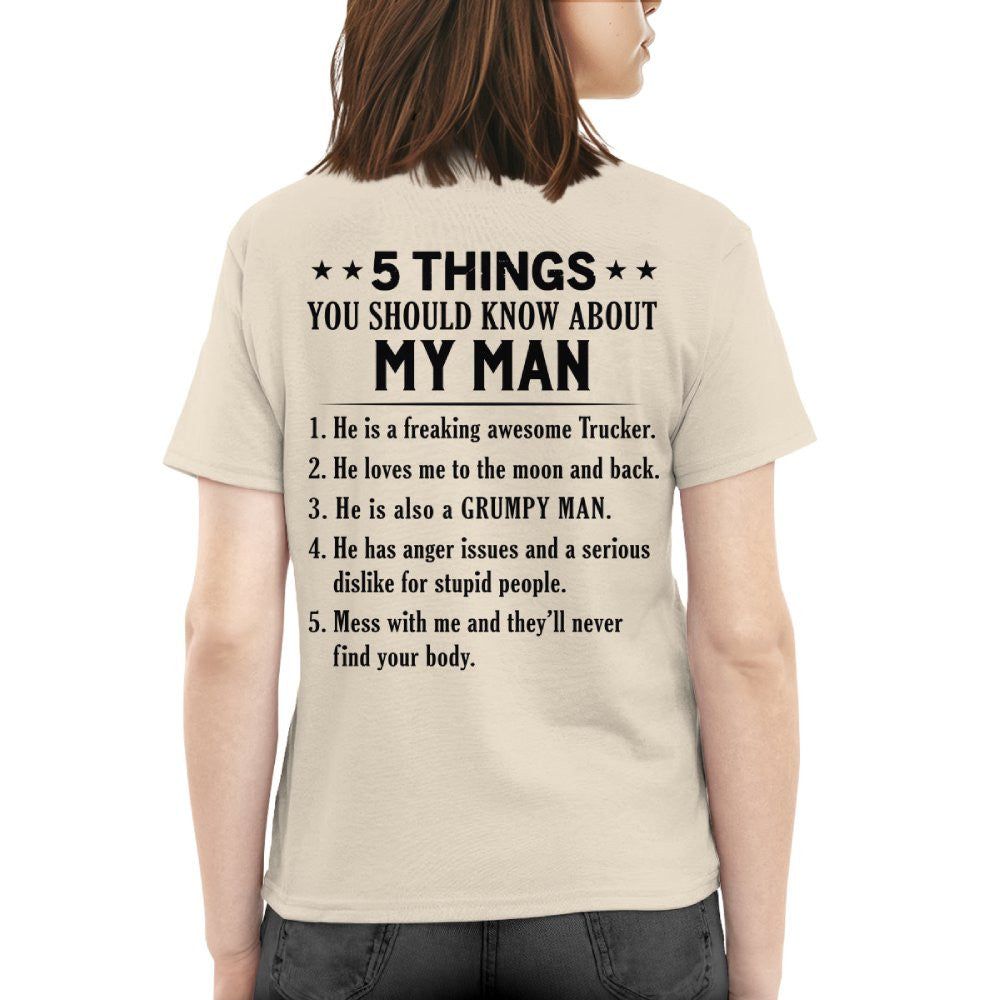 5 Things About My Trucker Man Apparel - Funny Love Quote T-Shirt, Hoodie & More - grunx260804-0014