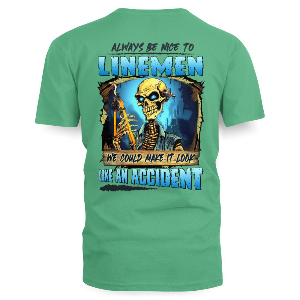 Always Be Nice Linemen Apparel - Funny Skull T-Shirt, Hoodie & More - grunx260804-0100