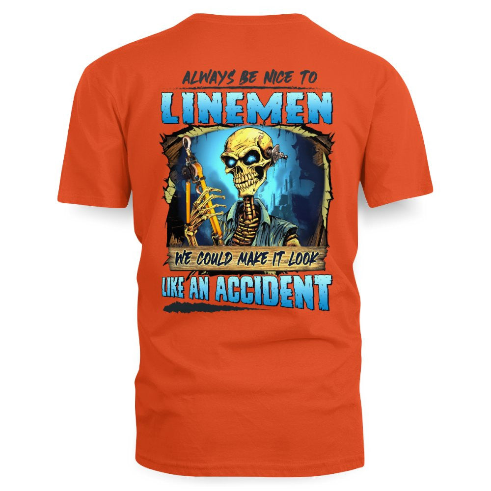 Always Be Nice Linemen Apparel - Funny Skull T-Shirt, Hoodie & More - grunx260804-0100