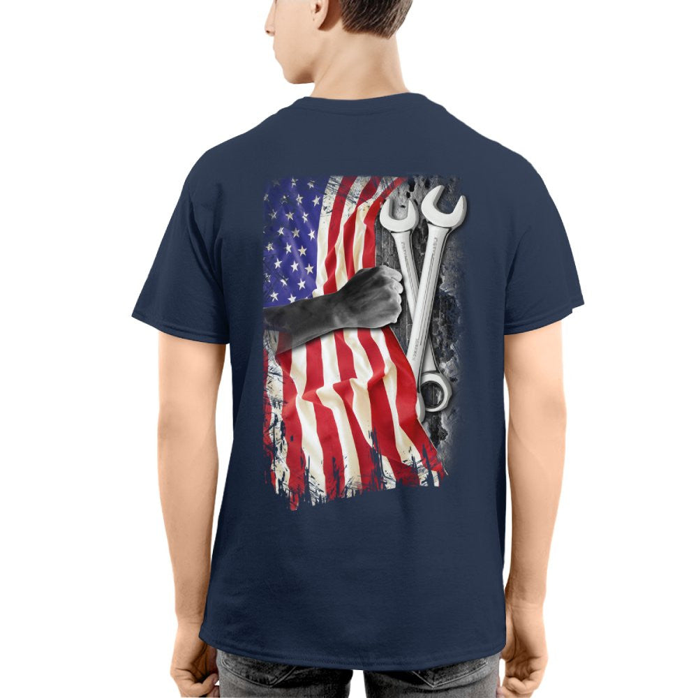 American Flag Fist Wrench - Patriotic Mechanic Apparel T-Shirt, Hoodie & More - grunx260804-0146