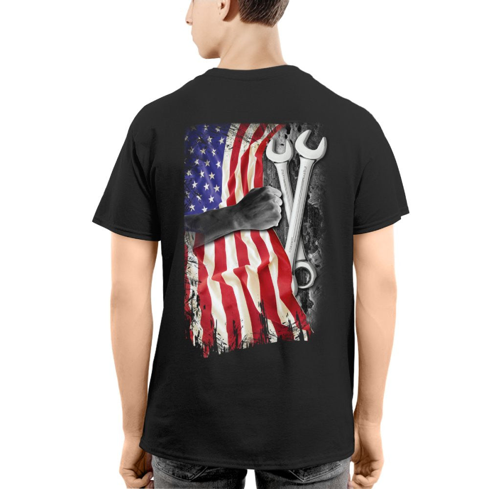 American Flag Fist Wrench - Patriotic Mechanic Apparel T-Shirt, Hoodie & More - grunx260804-0146