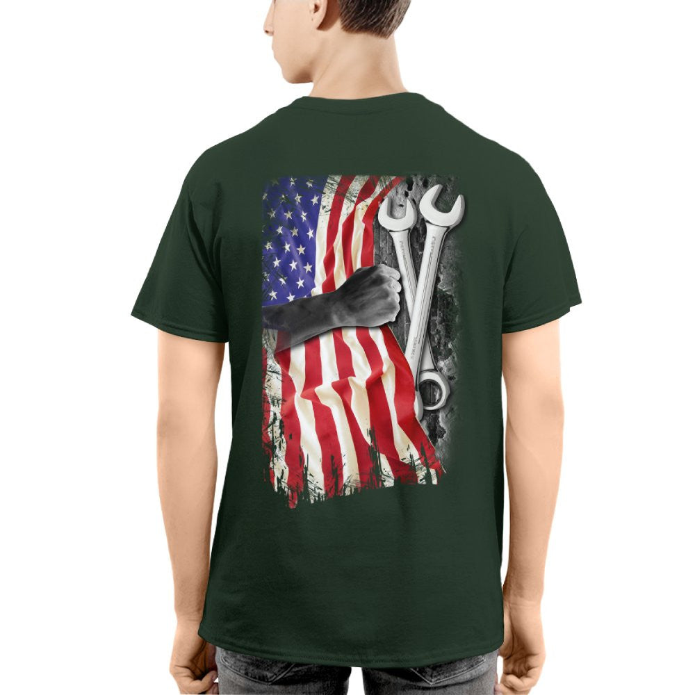 American Flag Fist Wrench - Patriotic Mechanic Apparel T-Shirt, Hoodie & More - grunx260804-0146
