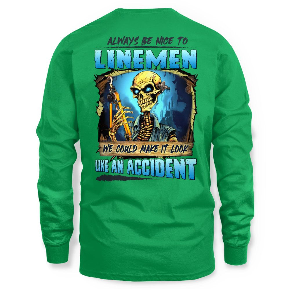 Always Be Nice Linemen Apparel - Funny Skull T-Shirt, Hoodie & More - grunx260804-0100