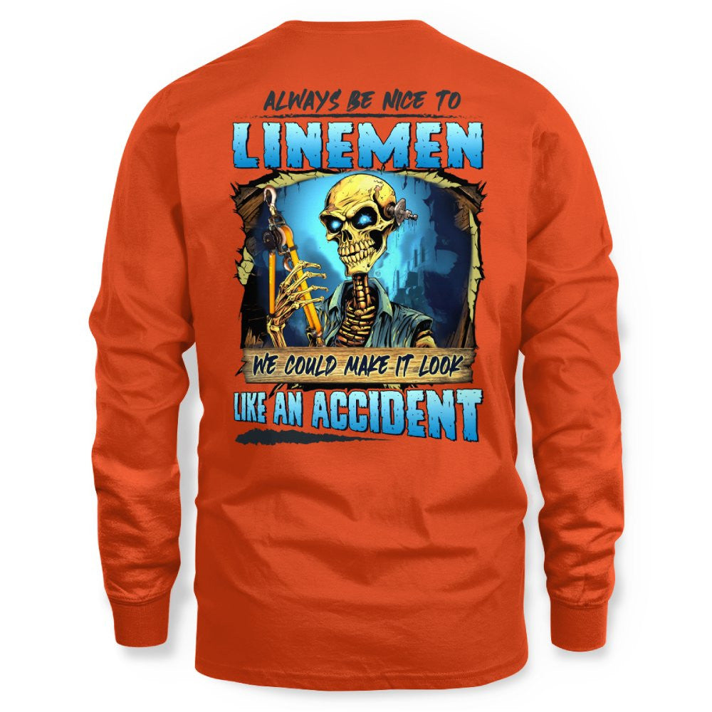 Always Be Nice Linemen Apparel - Funny Skull T-Shirt, Hoodie & More - grunx260804-0100