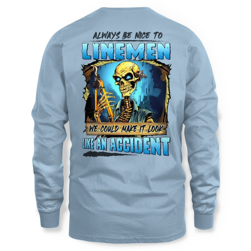 Always Be Nice Linemen Apparel - Funny Skull T-Shirt, Hoodie & More - grunx260804-0100
