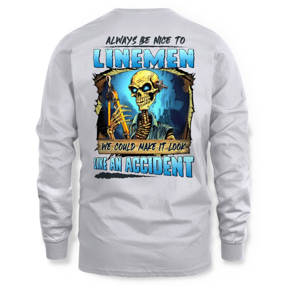 Always Be Nice Linemen Apparel - Funny Skull T-Shirt, Hoodie & More - grunx260804-0100