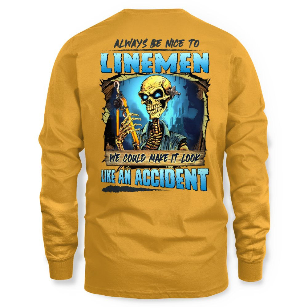 Always Be Nice Linemen Apparel - Funny Skull T-Shirt, Hoodie & More - grunx260804-0100