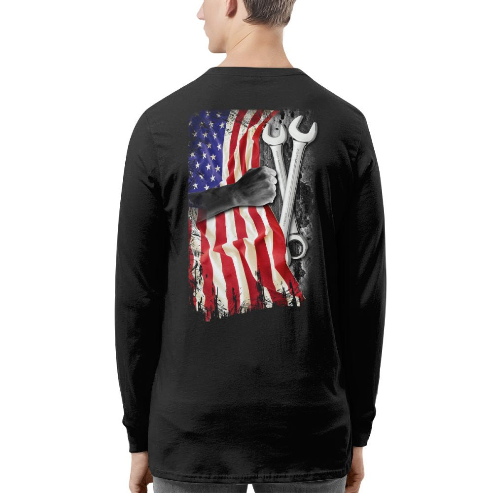 American Flag Fist Wrench - Patriotic Mechanic Apparel T-Shirt, Hoodie & More - grunx260804-0146
