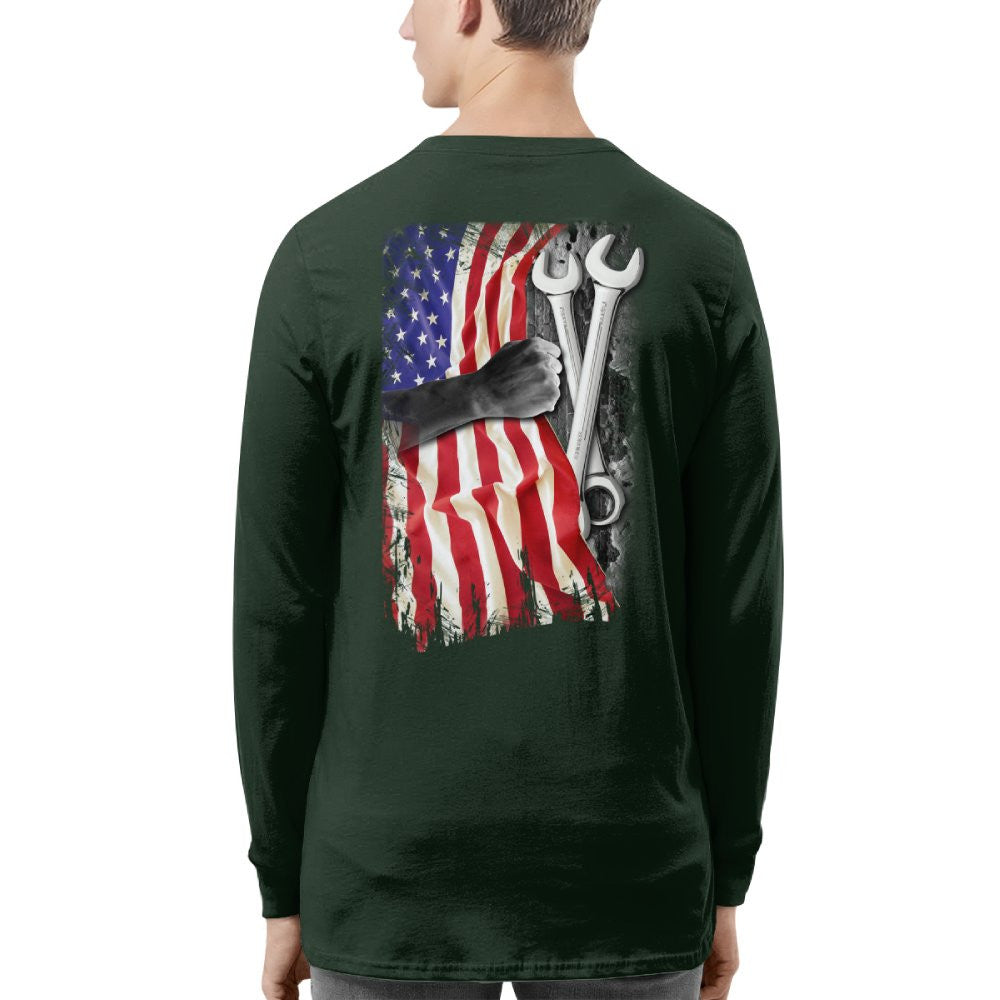 American Flag Fist Wrench - Patriotic Mechanic Apparel T-Shirt, Hoodie & More - grunx260804-0146