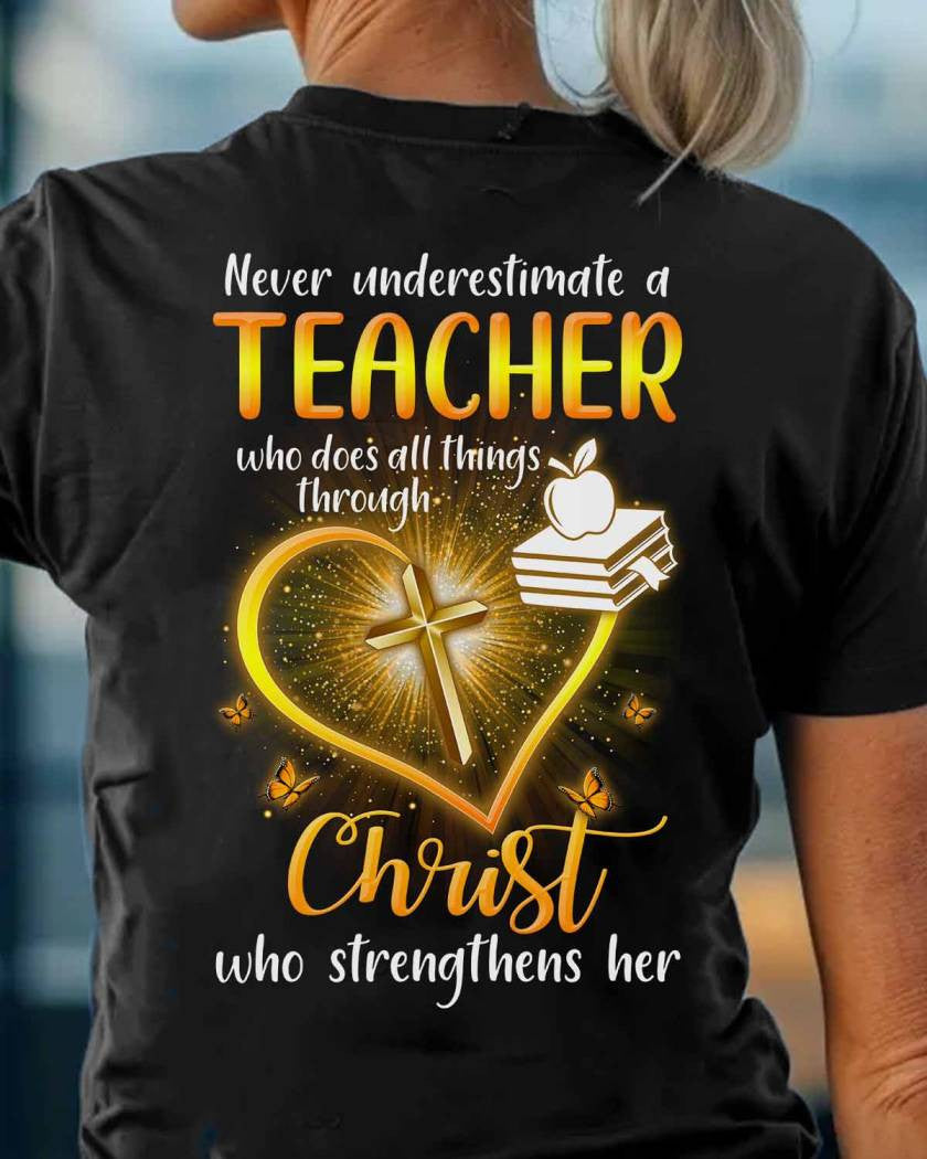 Christ Strengthens Her - Faith Teacher Gold Heart T-Shirt, Hoodie & More - grunx260804-0096