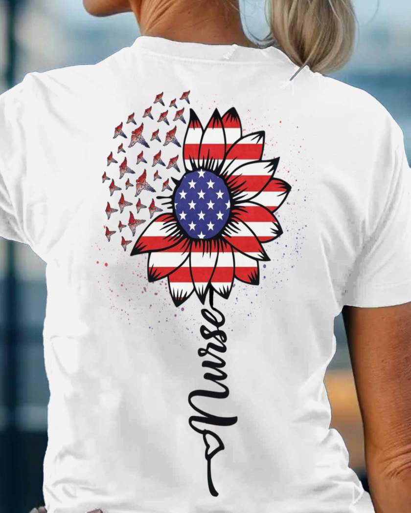 American Flag Flower Nurse Apparel - Patriotic Heart T-Shirt, Hoodie & More - grunx260804-0148