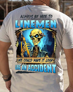Always Be Nice Linemen Apparel - Funny Skull T-Shirt, Hoodie & More - grunx260804-0100