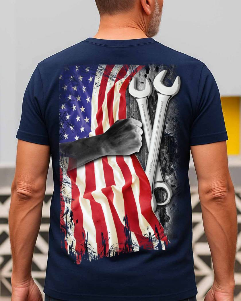 American Flag Fist Wrench - Patriotic Mechanic Apparel T-Shirt, Hoodie & More - grunx260804-0146