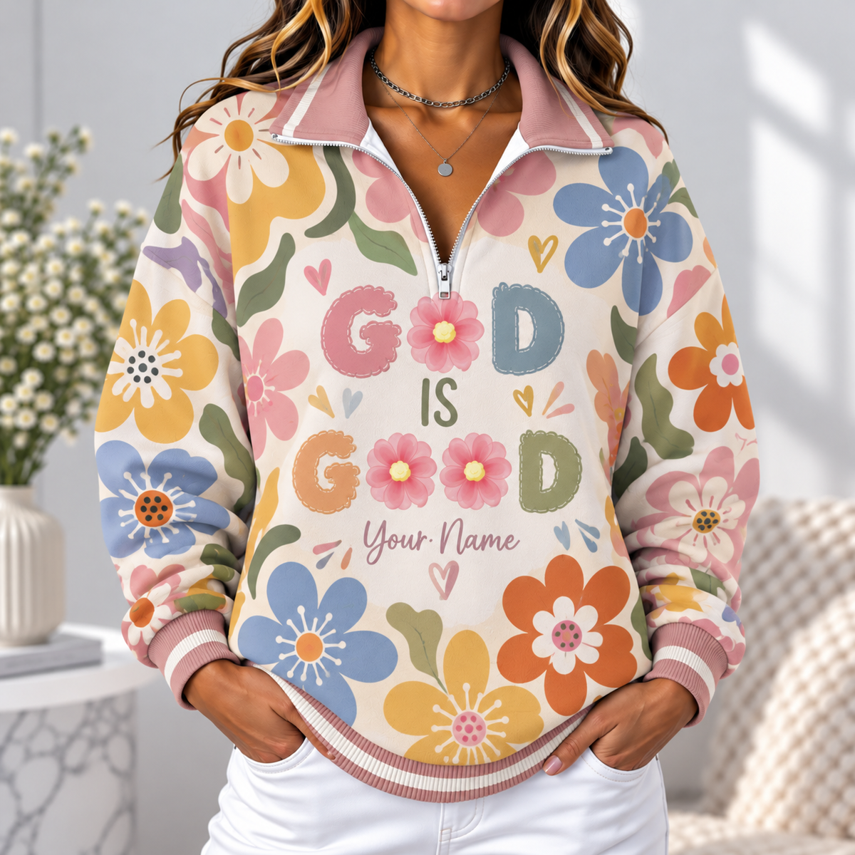 Personalized Retro Floral Women's Half-zip Sweatshirt NWY076