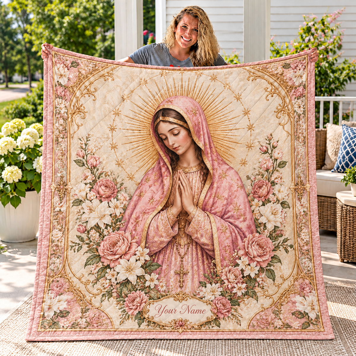 Personalized Pink Floral Lady Quilt