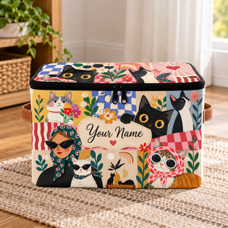Personalized Retro Cat Square Storage Basket With Lid