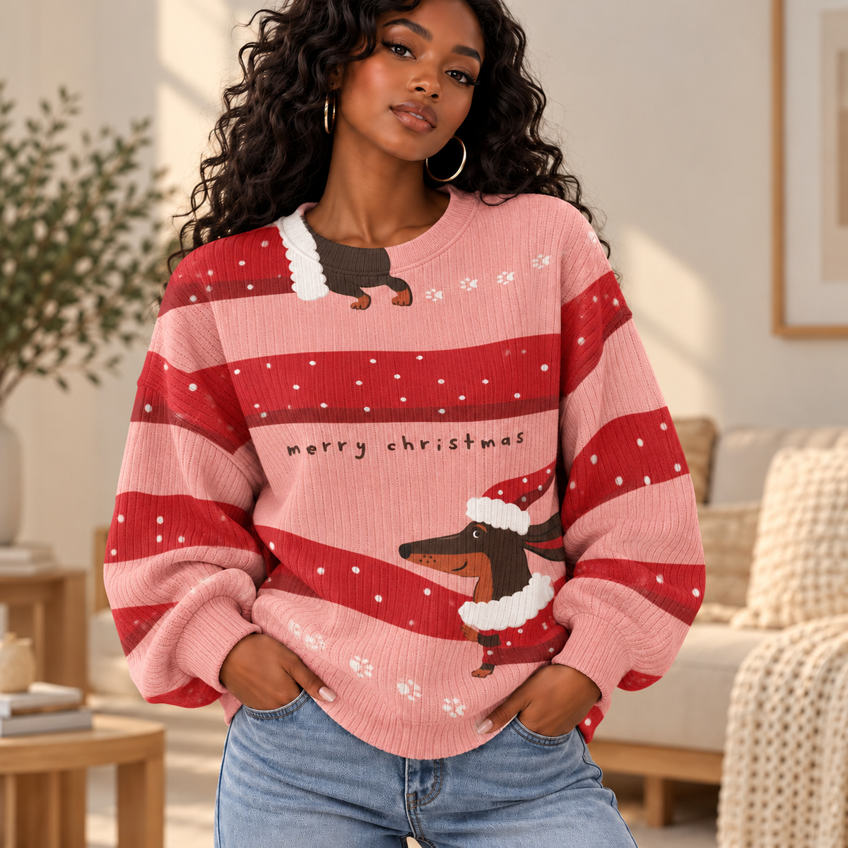 Festive Dachshund Stripes Waffle Sweatshirt