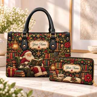 Personalized Reading Santa PU Leather Handbag & Leather Long Wallet