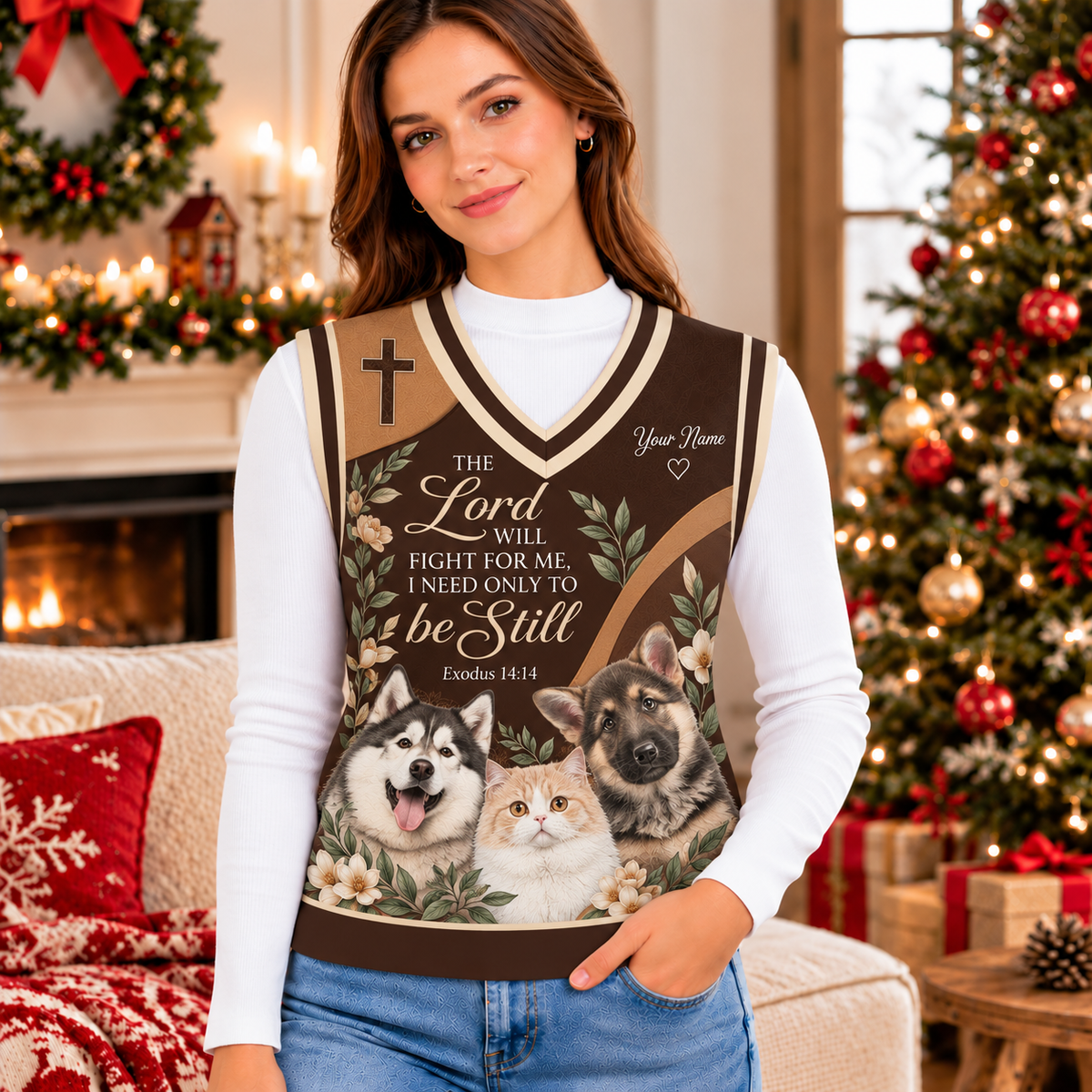Personalized Dogs and Cat Floral Knitted V-Neck Vest