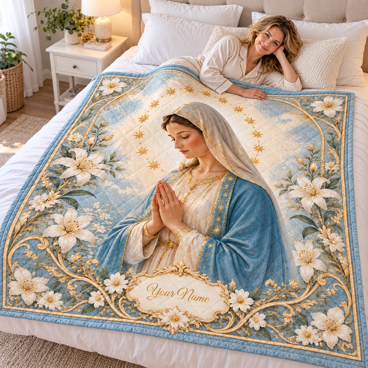 Personalized Blue Lady and Lilies Quilt