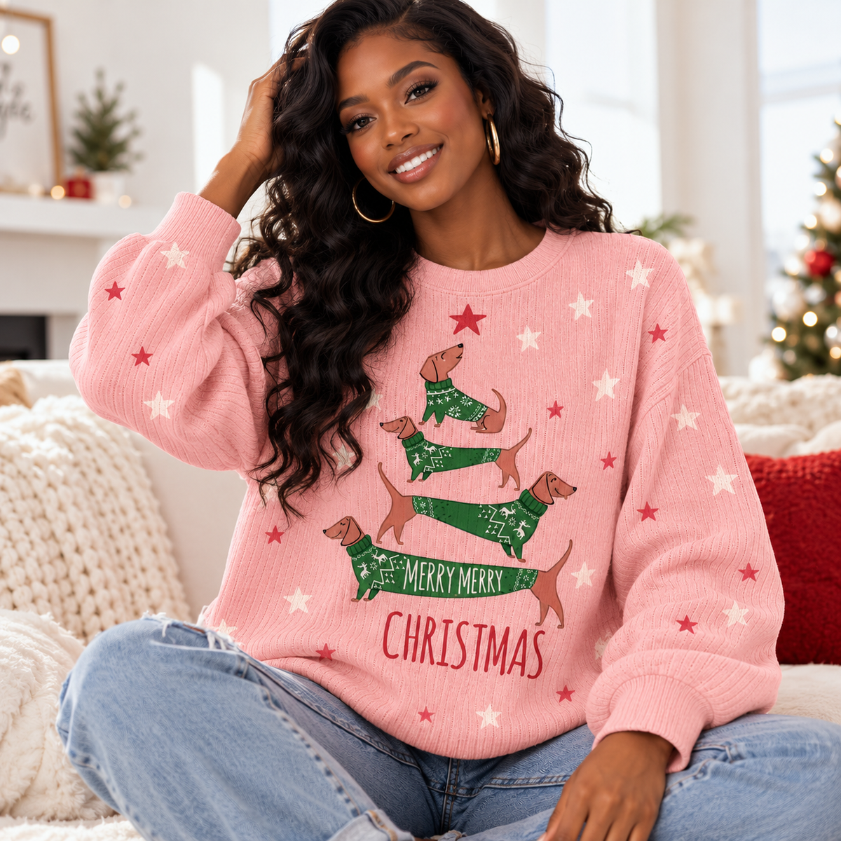 Stacked Dachshund Stars Waffle Sweatshirt