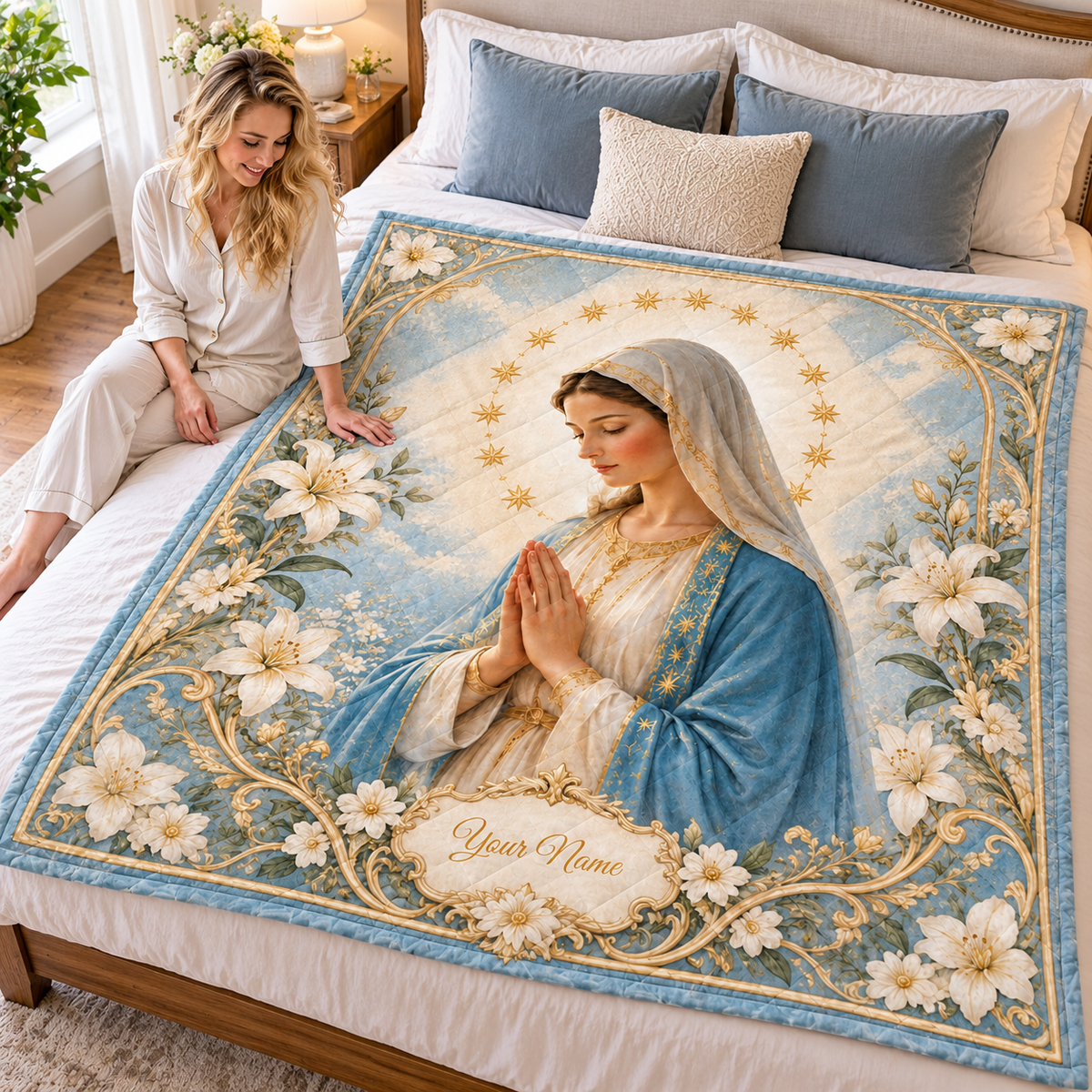 Personalized Blue Lady and Lilies Quilt