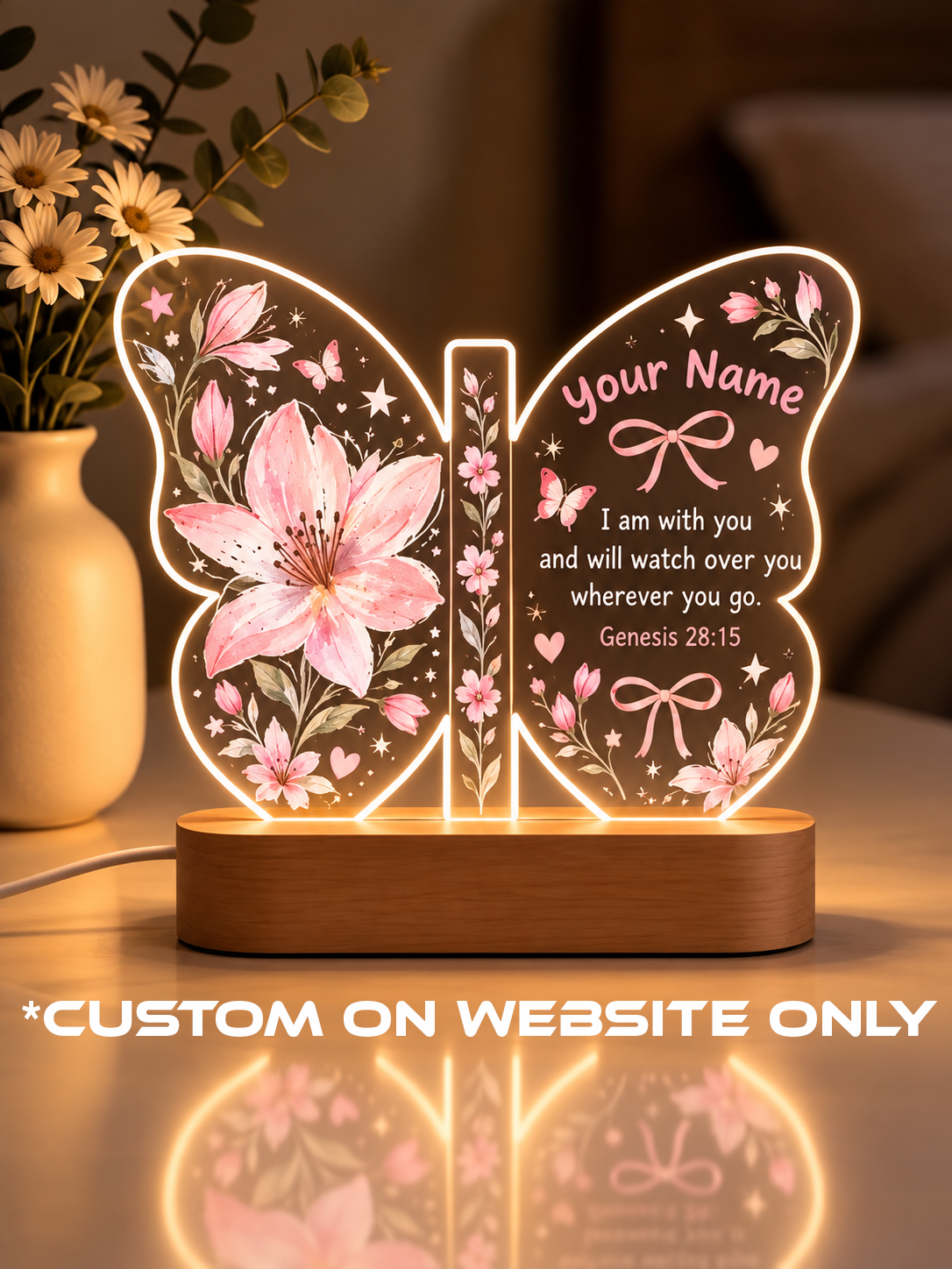 Genesis 28:15 Pink Lily Butterfly Personalize LED Night Light