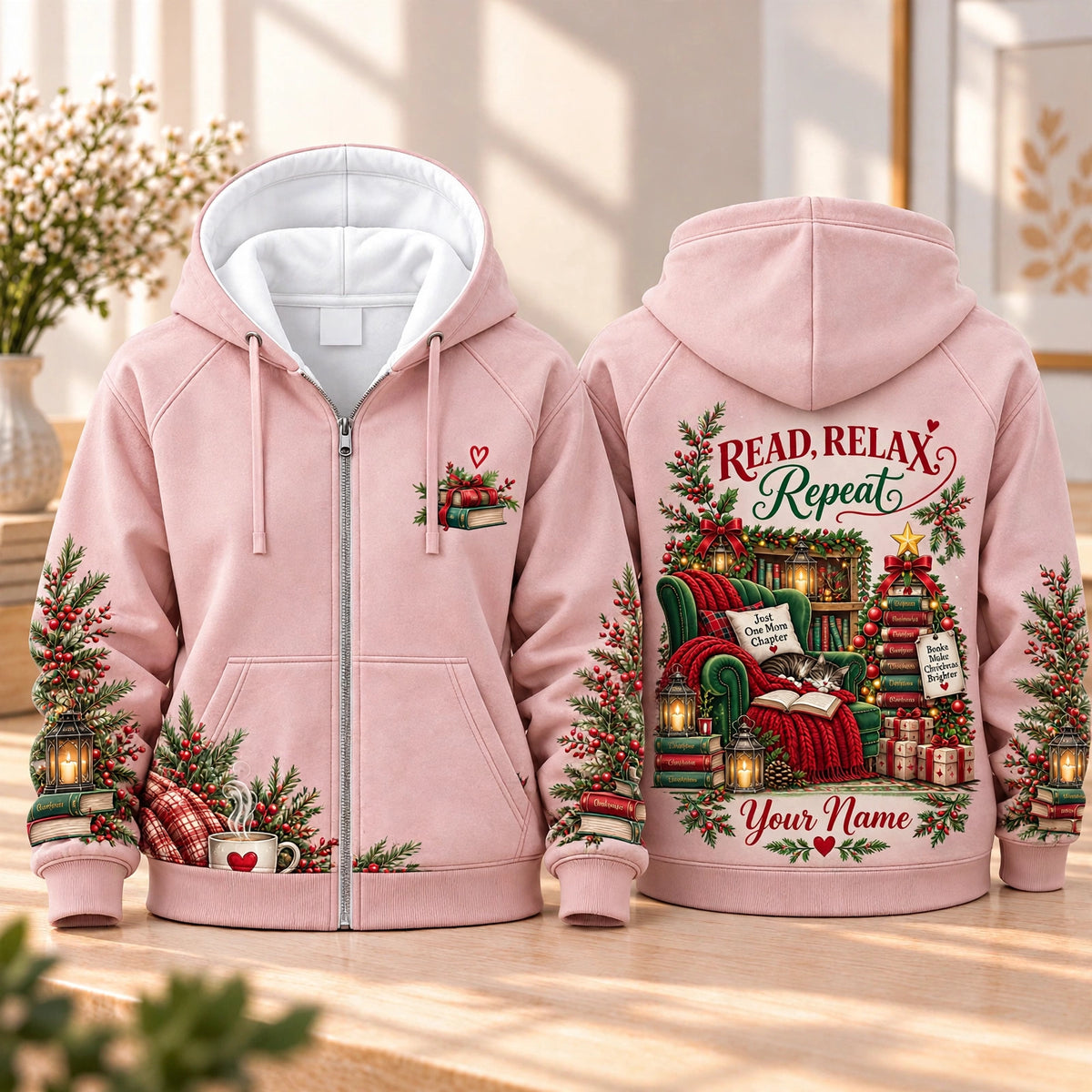 Personalized Read Relax Repeat Zip Hoodie