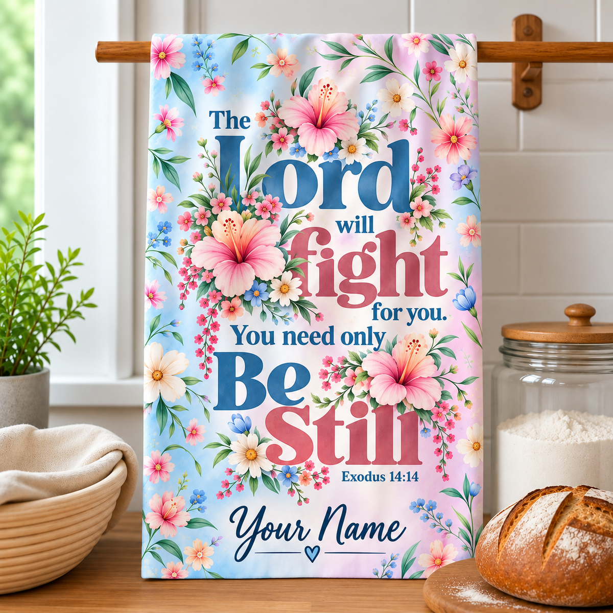 Personalized Be Still Floral Kitchen Towel