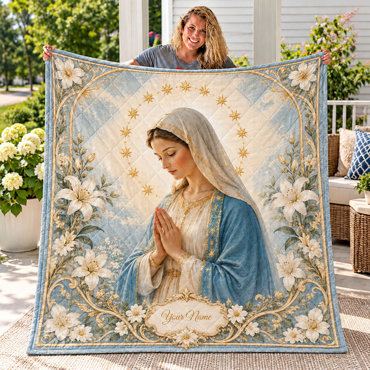 Personalized Blue Lady and Lilies Quilt