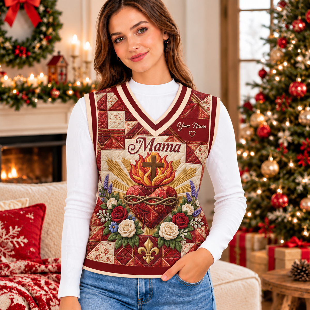 Personalized Mama Floral Patchwork Knitted V-Neck Vest