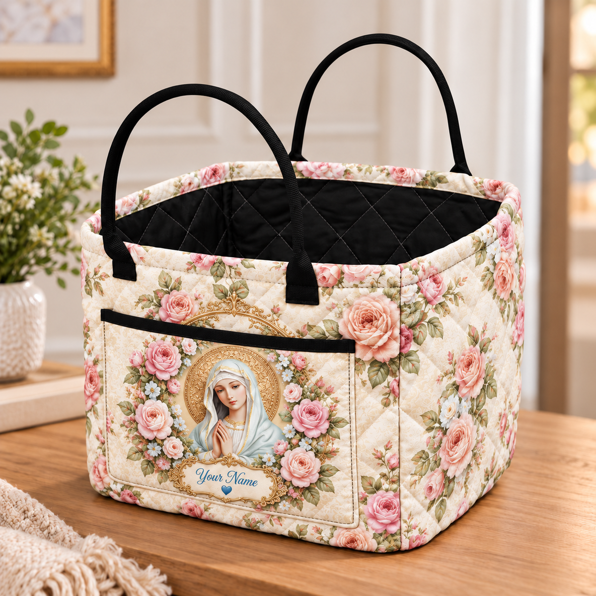 Personalized Blush Rose Wreath Quilted Storage Basket