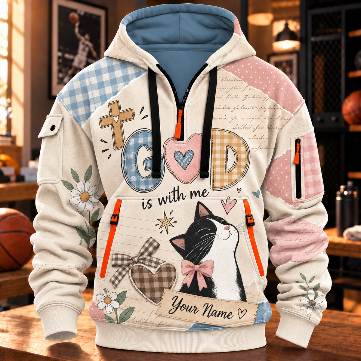 Personalized Tuxedo Cat Bow Half-Zip Hoodie