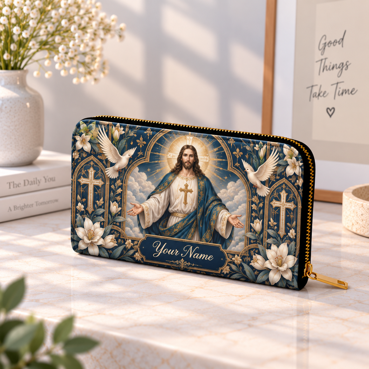 Personalized Navy Floral PU Leather Long Wallet