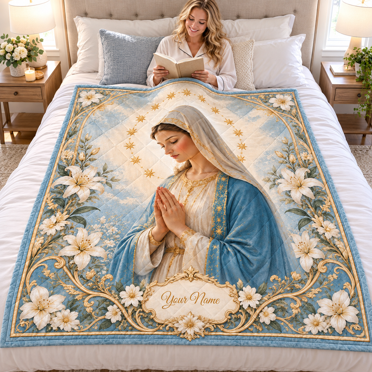 Personalized Blue Lady and Lilies Quilt
