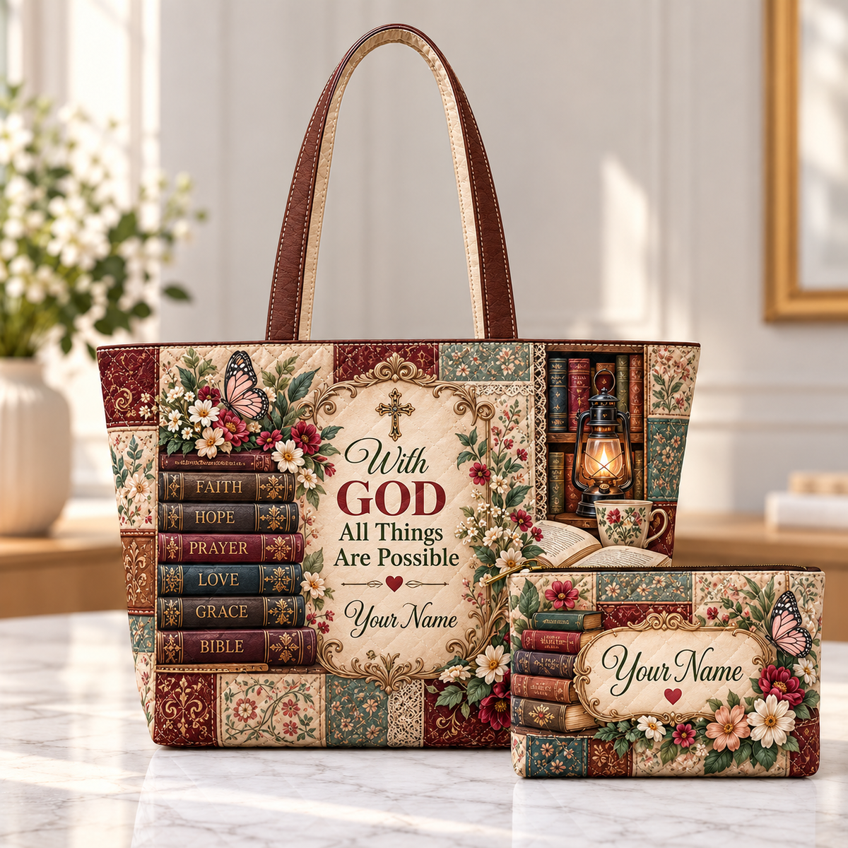 Personalized Vintage Books & Butterfly Quilted Shoulder Bag & Storage Bag