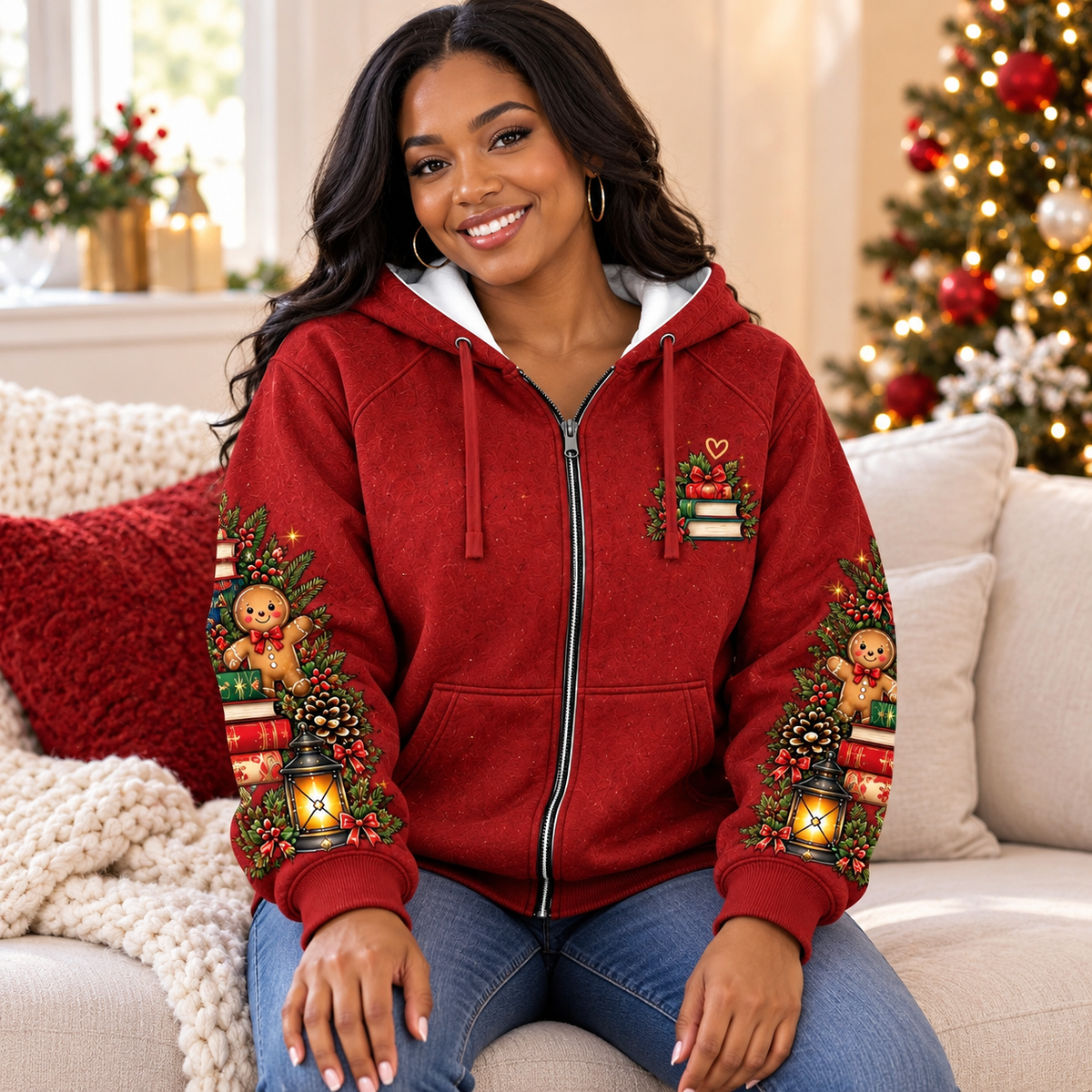 Personalized Reindeer Holiday Books Zip Hoodie